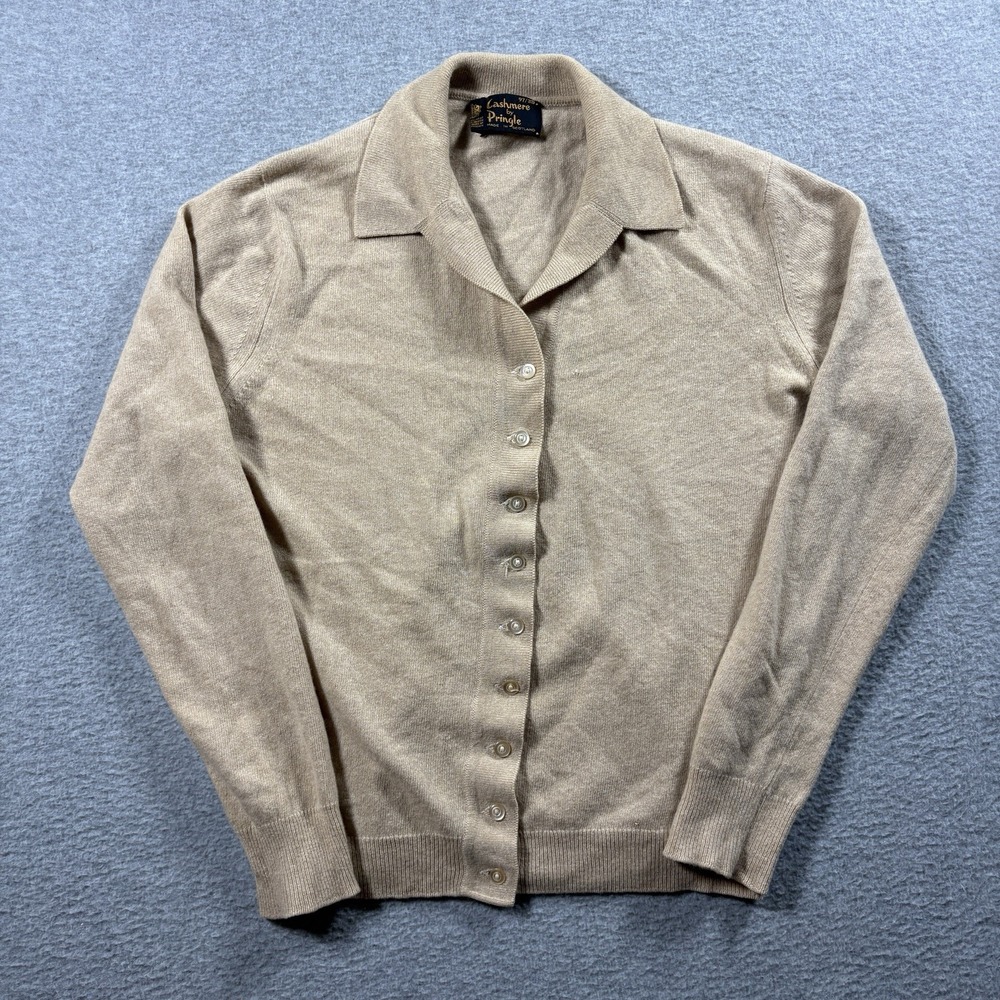 Vtg 60s Pringle of Scotland 100% Cashmere Collared Cardigan Sweater Beige Sz 38